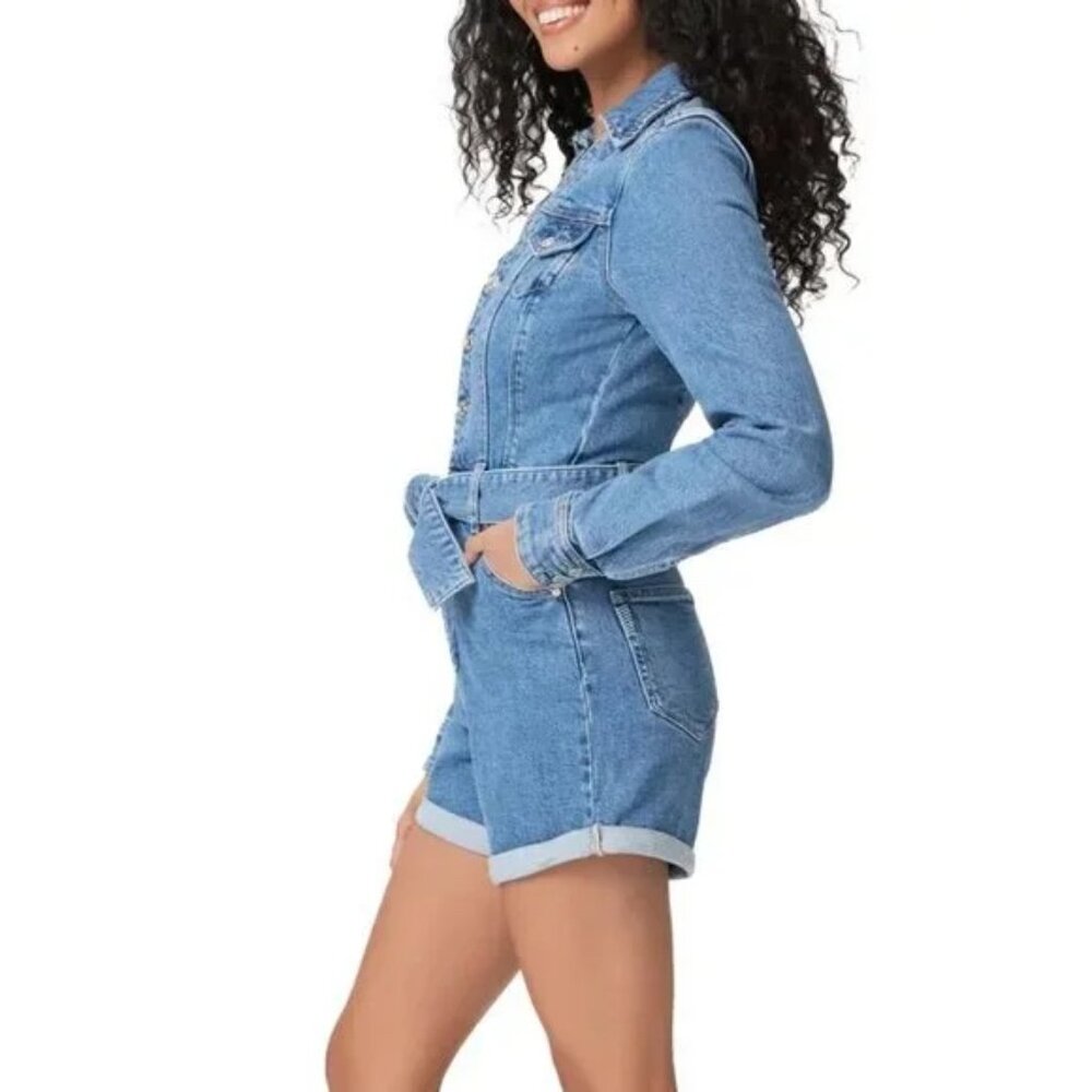 PAIGE Maggy Tie Waist Long Sleeve Denim Romper in Tracey - Picture 2 of 4